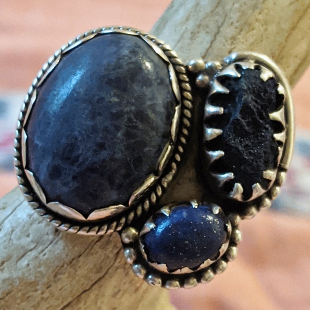 Dark Blue Gemstone Sterling Statement Ring Lapis Lazuli, Sodalite & Azurite 7.25